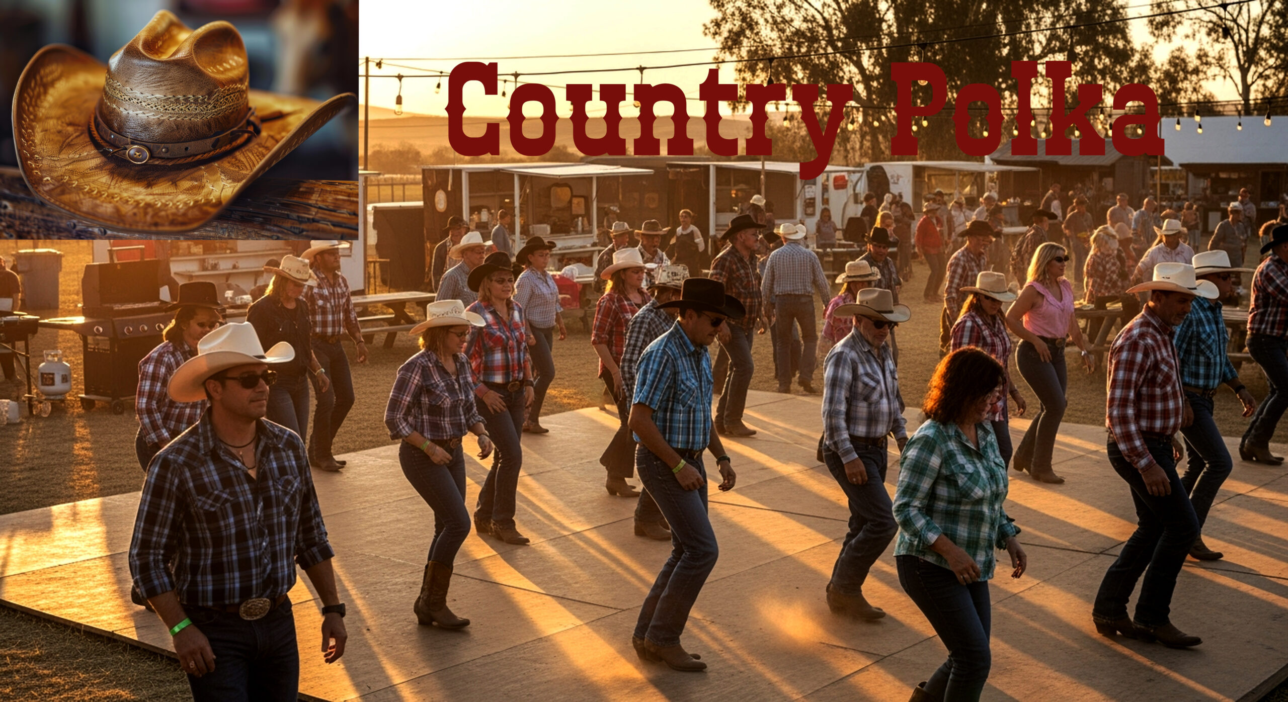 A group of people line dancing outdoors at sunset, creating a vibrant and energetic atmosphere. Cowboy hats and western attire add to the festive scene.