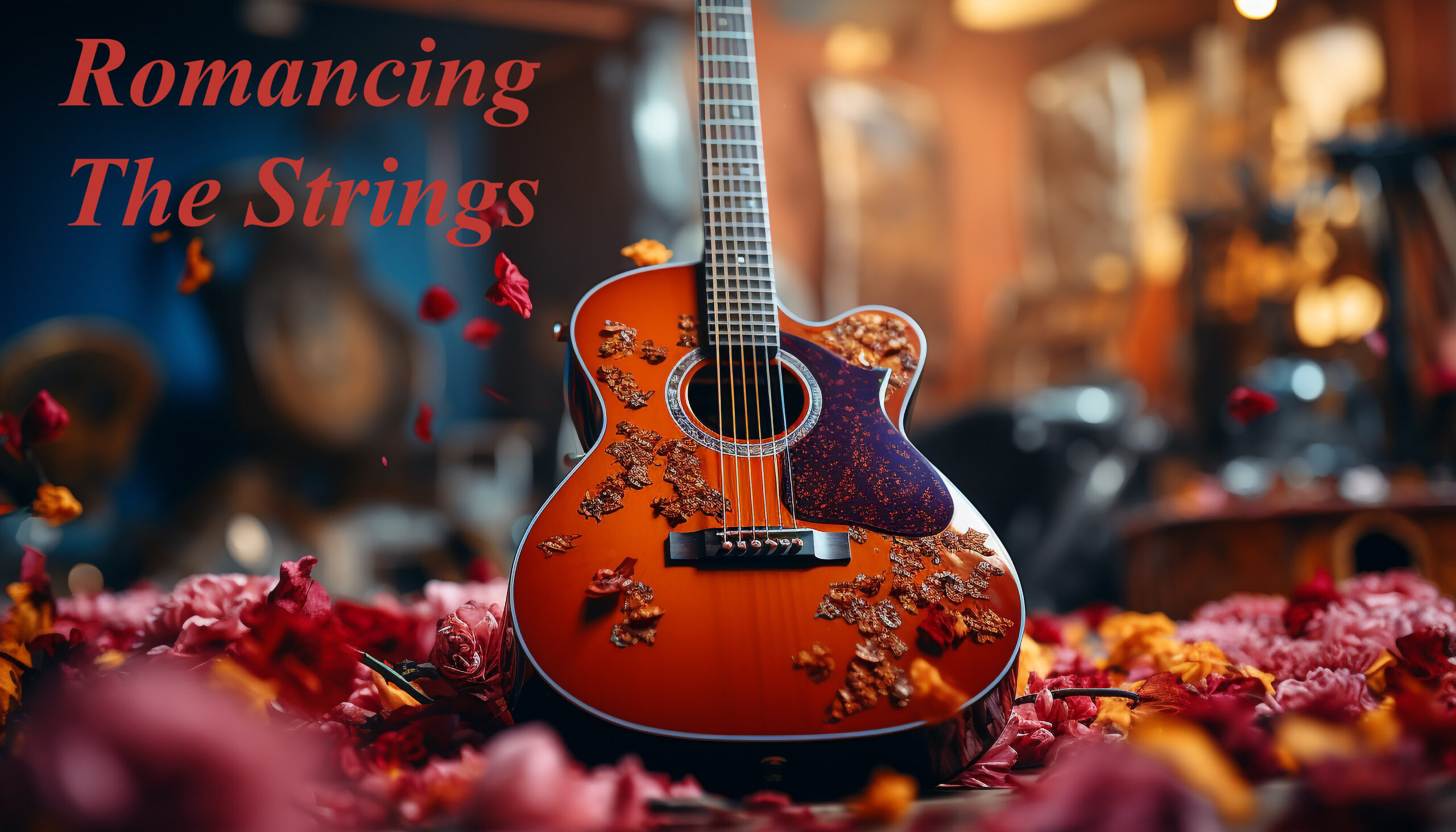 The guitarist plays the acoustic guitar on stage, plucking strings generated by artificial intelligence