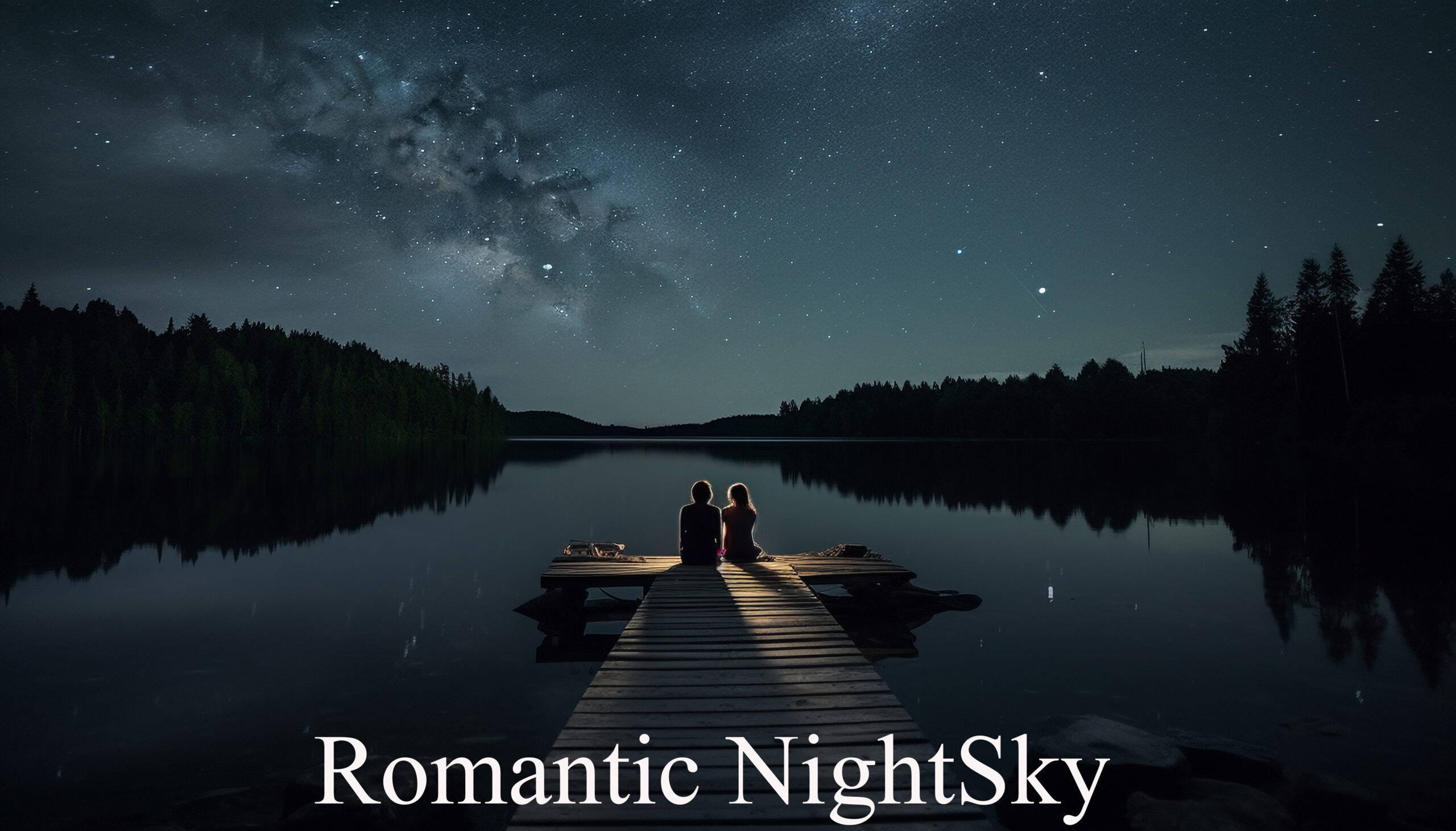 A couple sitting by the jetty, admiring the tranquil starry night generated by artificial intelligence